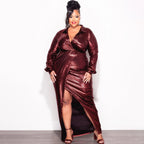 Glossy V - Neck Slim Fit Dress: Sexy & Elegant Bodycon Look - Sixin1