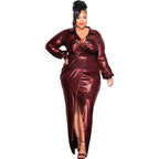 Glossy V - Neck Slim Fit Dress: Sexy & Elegant Bodycon Look - Sixin1