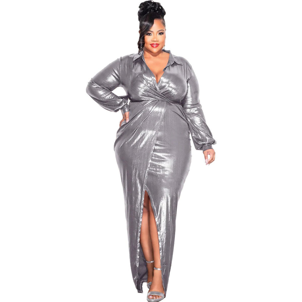Glossy V - Neck Slim Fit Dress: Sexy & Elegant Bodycon Look - Sixin1