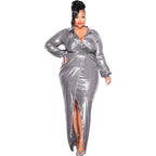 Glossy V - Neck Slim Fit Dress: Sexy & Elegant Bodycon Look - Sixin1