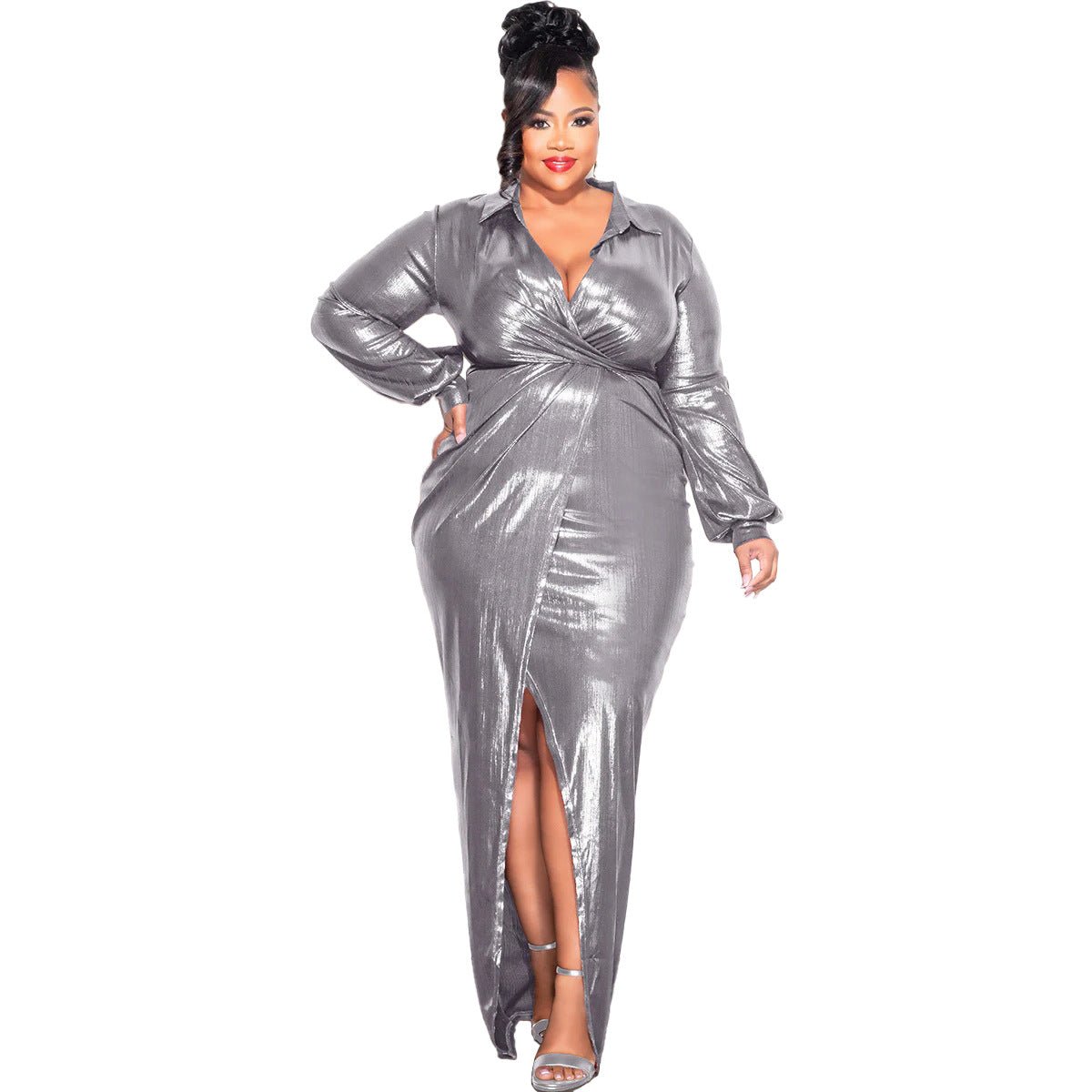Glossy V - Neck Slim Fit Dress: Sexy & Elegant Bodycon Look - Sixin1