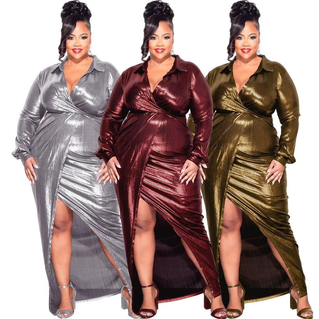 Glossy V - Neck Slim Fit Dress: Sexy & Elegant Bodycon Look - Sixin1