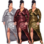 Glossy V - Neck Slim Fit Dress: Sexy & Elegant Bodycon Look - Sixin1