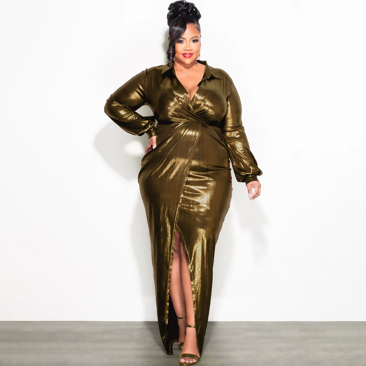 Glossy V - Neck Slim Fit Dress: Sexy & Elegant Bodycon Look - Sixin1