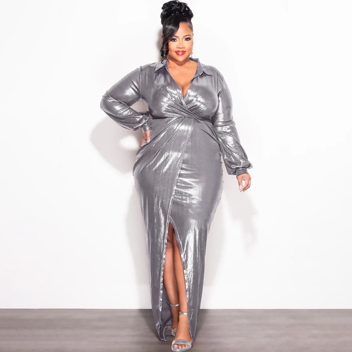 Glossy V - Neck Slim Fit Dress: Sexy & Elegant Bodycon Look - Sixin1