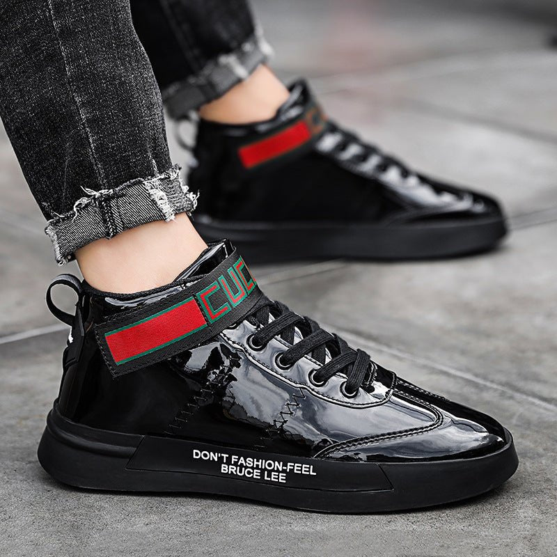 Men’s Patent Leather High - Top Sneakers: Glossy Korean Mirror Panel Style - Sixin1