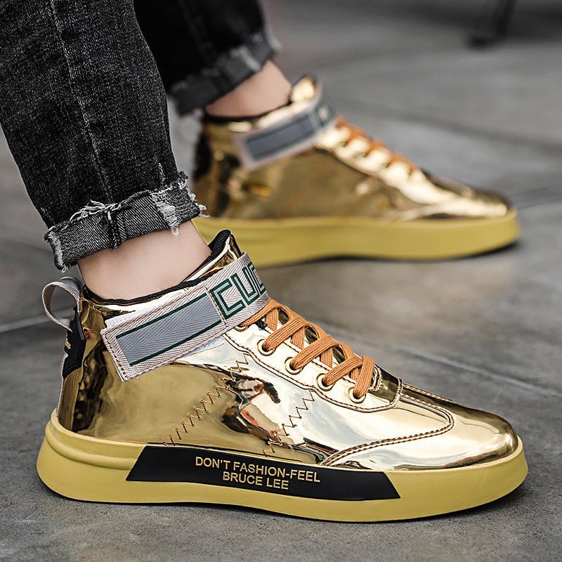 Men’s Patent Leather High - Top Sneakers: Glossy Korean Mirror Panel Style - Sixin1