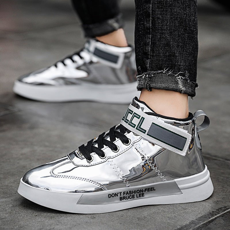 Men’s Patent Leather High - Top Sneakers: Glossy Korean Mirror Panel Style - Sixin1