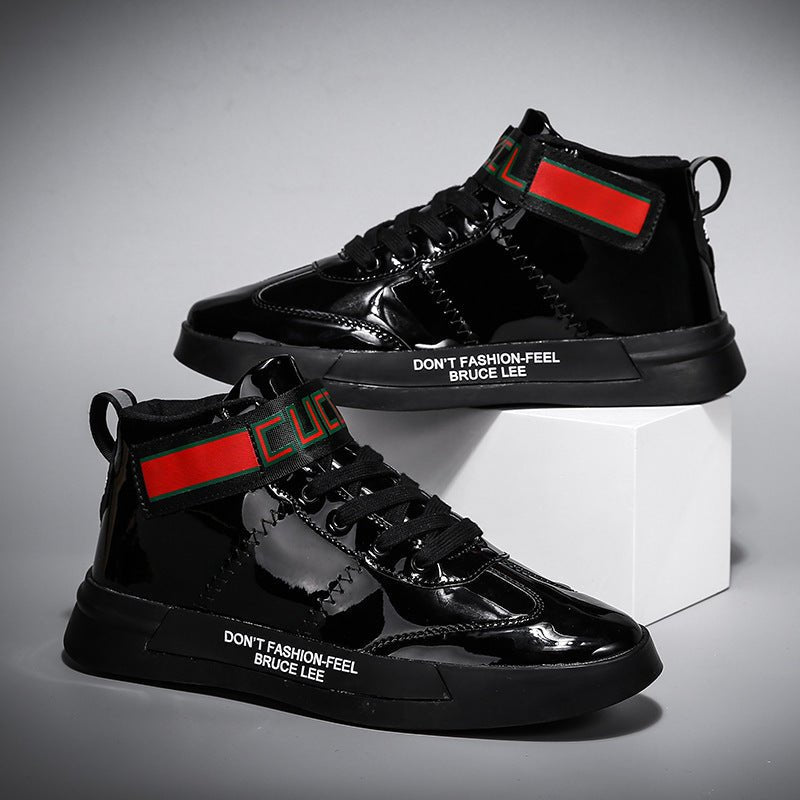 Men’s Patent Leather High - Top Sneakers: Glossy Korean Mirror Panel Style - Sixin1