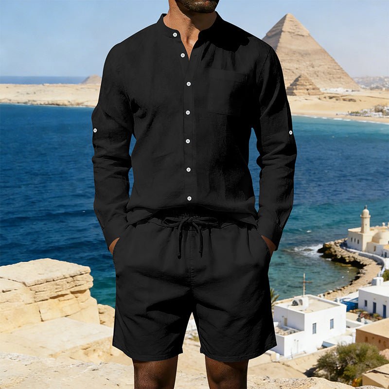 Men’s Summer Linen Set: Vintage Stand Collar Shirt & Shorts Beach Wear - Sixin1