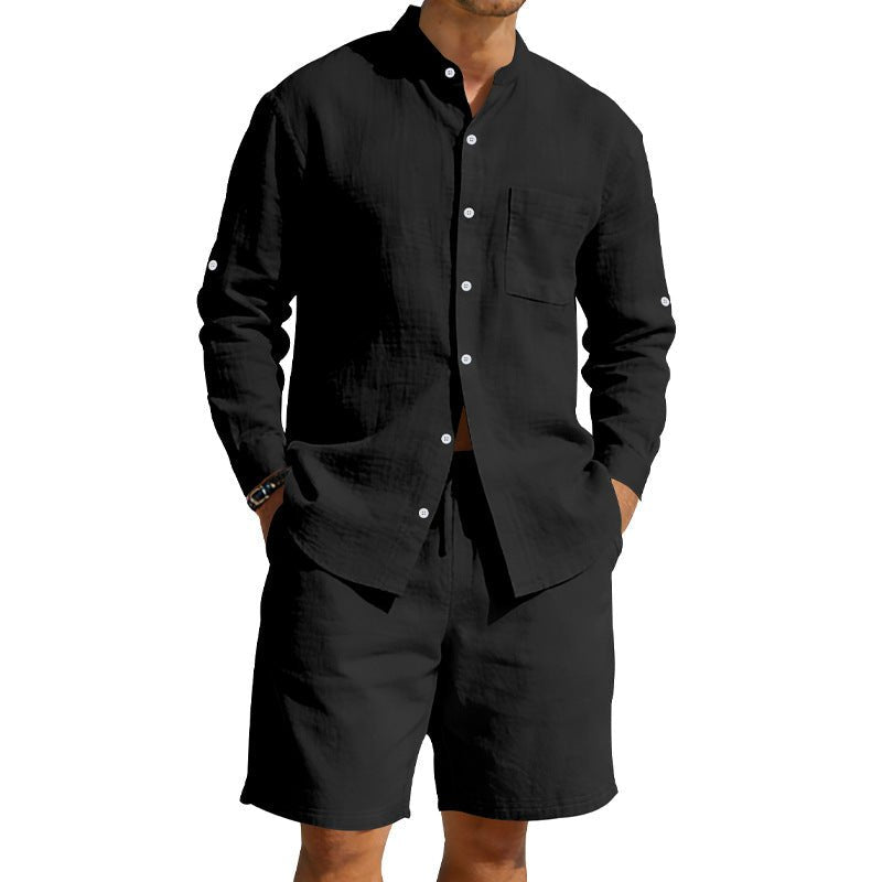 Men’s Summer Linen Set: Vintage Stand Collar Shirt & Shorts Beach Wear - Sixin1