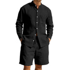 Men’s Summer Linen Set: Vintage Stand Collar Shirt & Shorts Beach Wear - Sixin1