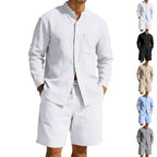 Men’s Summer Linen Set: Vintage Stand Collar Shirt & Shorts Beach Wear - Sixin1