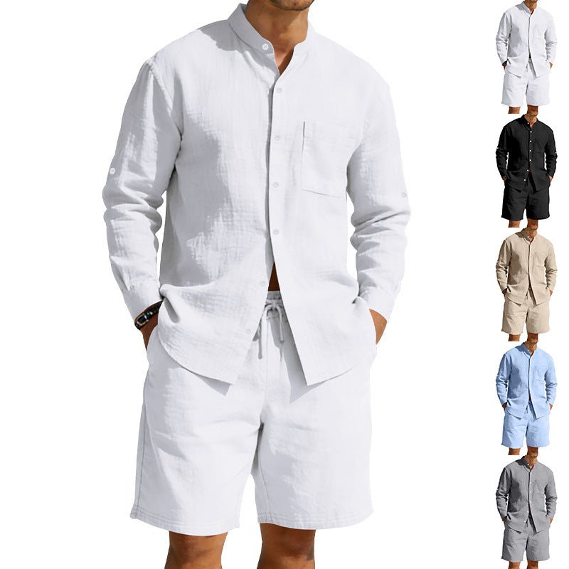 Men’s Summer Linen Set: Vintage Stand Collar Shirt & Shorts Beach Wear - Sixin1