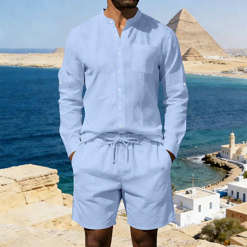 Men’s Summer Linen Set: Vintage Stand Collar Shirt & Shorts Beach Wear - Sixin1