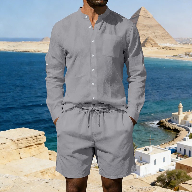 Men’s Summer Linen Set: Vintage Stand Collar Shirt & Shorts Beach Wear - Sixin1