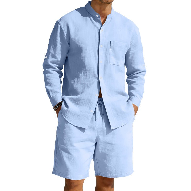 Men’s Summer Linen Set: Vintage Stand Collar Shirt & Shorts Beach Wear - Sixin1