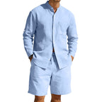 Men’s Summer Linen Set: Vintage Stand Collar Shirt & Shorts Beach Wear - Sixin1