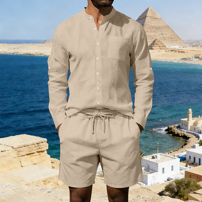 Men’s Summer Linen Set: Vintage Stand Collar Shirt & Shorts Beach Wear - Sixin1