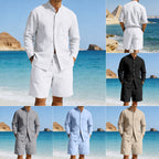 Men’s Summer Linen Set: Vintage Stand Collar Shirt & Shorts Beach Wear - Sixin1
