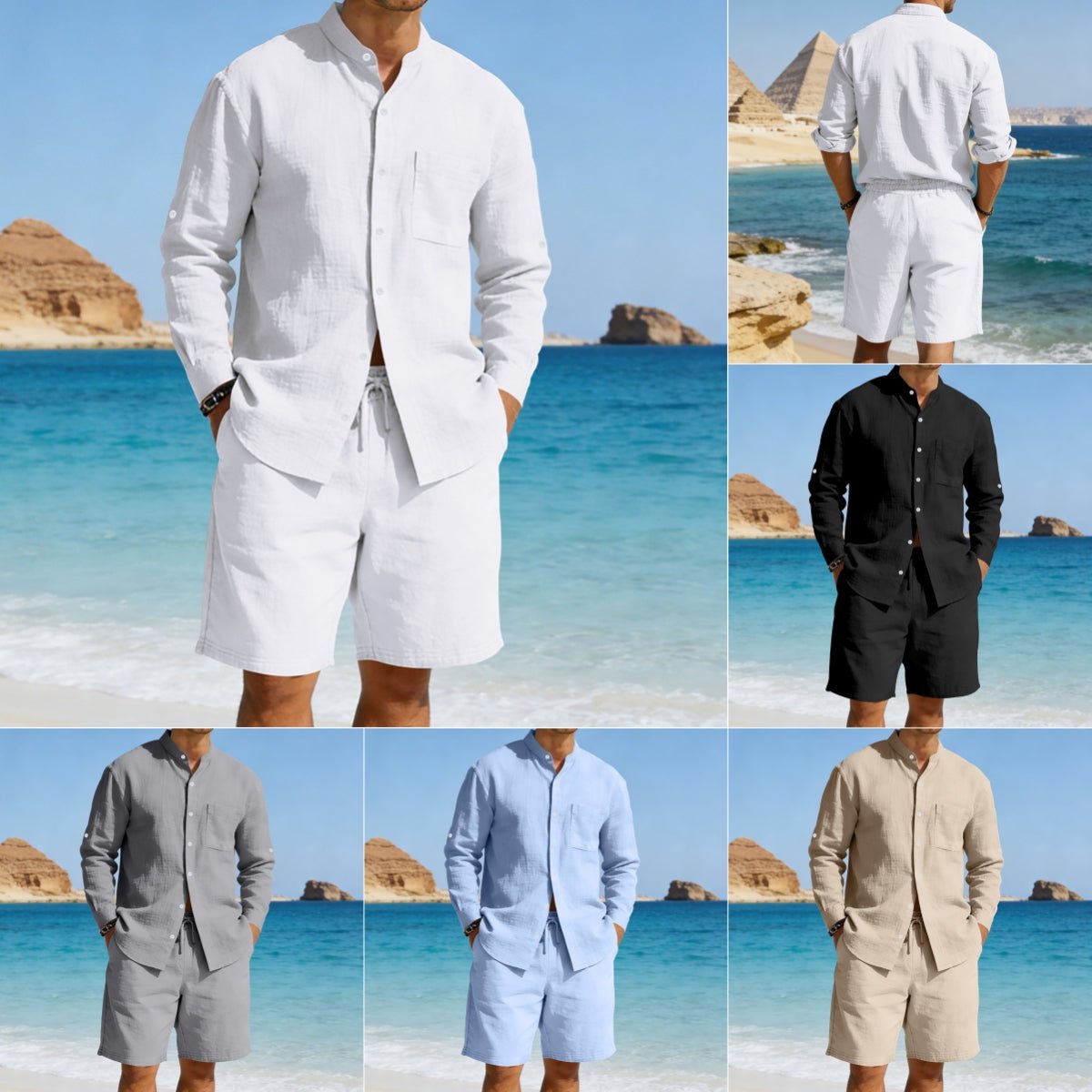 Men’s Summer Linen Set: Vintage Stand Collar Shirt & Shorts Beach Wear - Sixin1