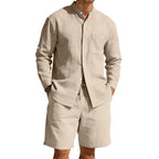 Men’s Summer Linen Set: Vintage Stand Collar Shirt & Shorts Beach Wear - Sixin1