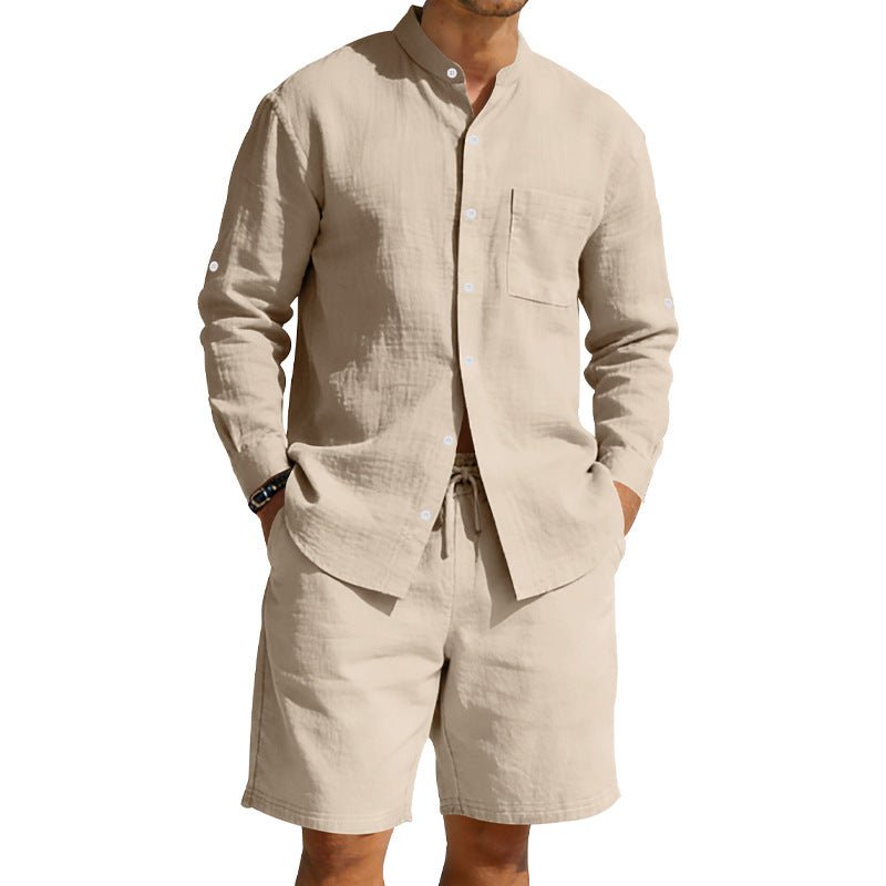 Men’s Summer Linen Set: Vintage Stand Collar Shirt & Shorts Beach Wear - Sixin1