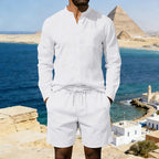 Men’s Summer Linen Set: Vintage Stand Collar Shirt & Shorts Beach Wear - Sixin1