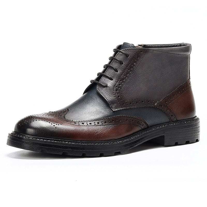 Men’s Vintage Leather Brogue Boots: Color Block Carved Design - Sixin1