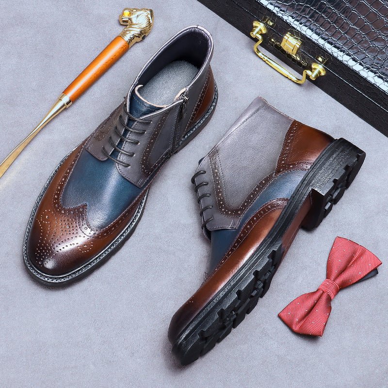 Men’s Vintage Leather Brogue Boots: Color Block Carved Design - Sixin1