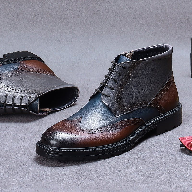 Men’s Vintage Leather Brogue Boots: Color Block Carved Design - Sixin1