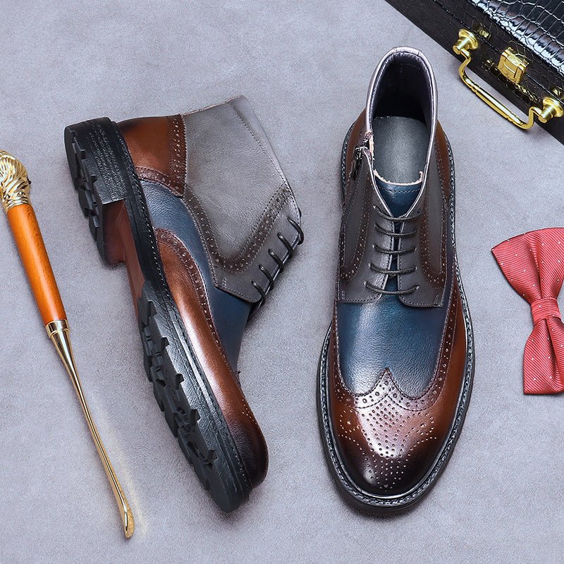 Men’s Vintage Leather Brogue Boots: Color Block Carved Design - Sixin1