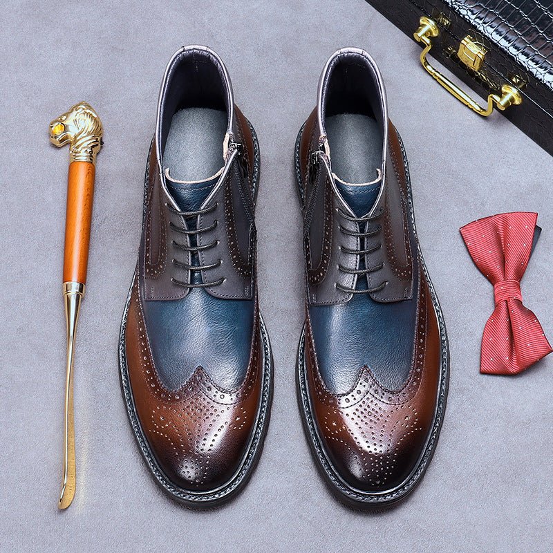 Men’s Vintage Leather Brogue Boots: Color Block Carved Design - Sixin1