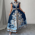 Modern Notched Collar Dress: Women’s Fitted Waist Maxi with Cap Sleeves - Sixin1