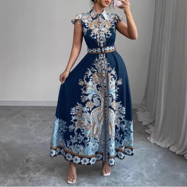 Modern Notched Collar Dress: Women’s Fitted Waist Maxi with Cap Sleeves - Sixin1