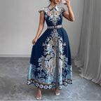 Modern Notched Collar Dress: Women’s Fitted Waist Maxi with Cap Sleeves - Sixin1