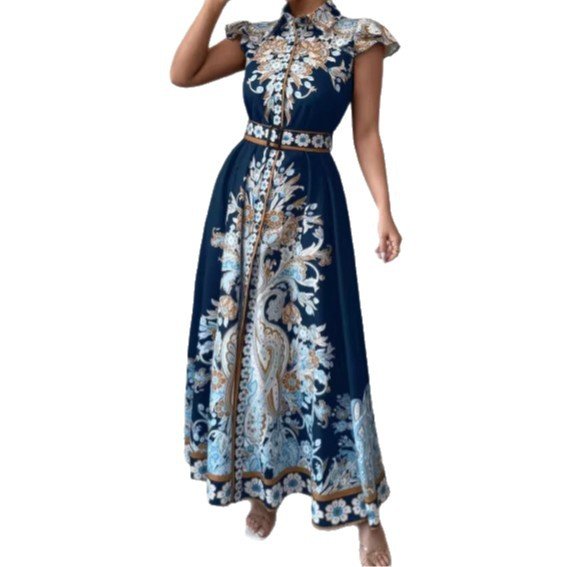 Modern Notched Collar Dress: Women’s Fitted Waist Maxi with Cap Sleeves - Sixin1