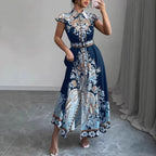 Modern Notched Collar Dress: Women’s Fitted Waist Maxi with Cap Sleeves - Sixin1