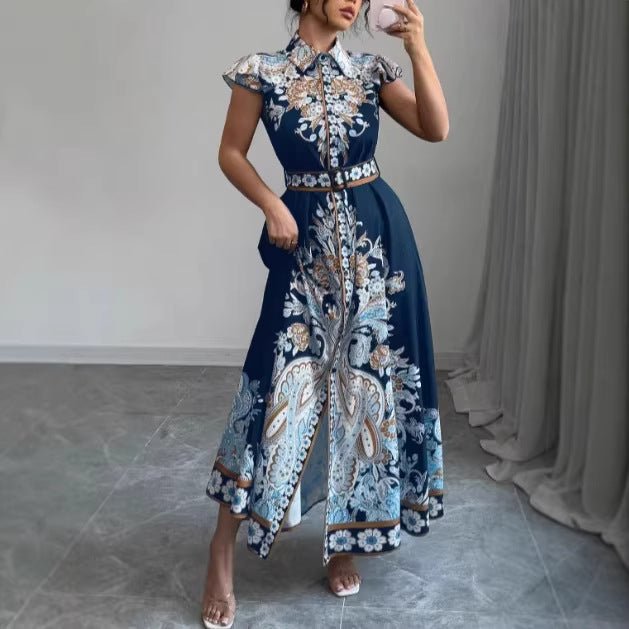 Modern Notched Collar Dress: Women’s Fitted Waist Maxi with Cap Sleeves - Sixin1
