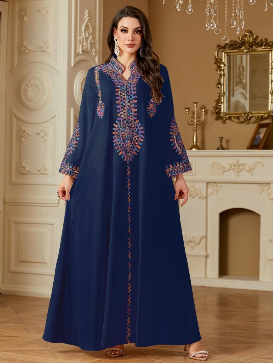 Modest Embroidered Long Sleeve Maxi Dress: Loose Fit Muslim Abaya Style - Sixin1