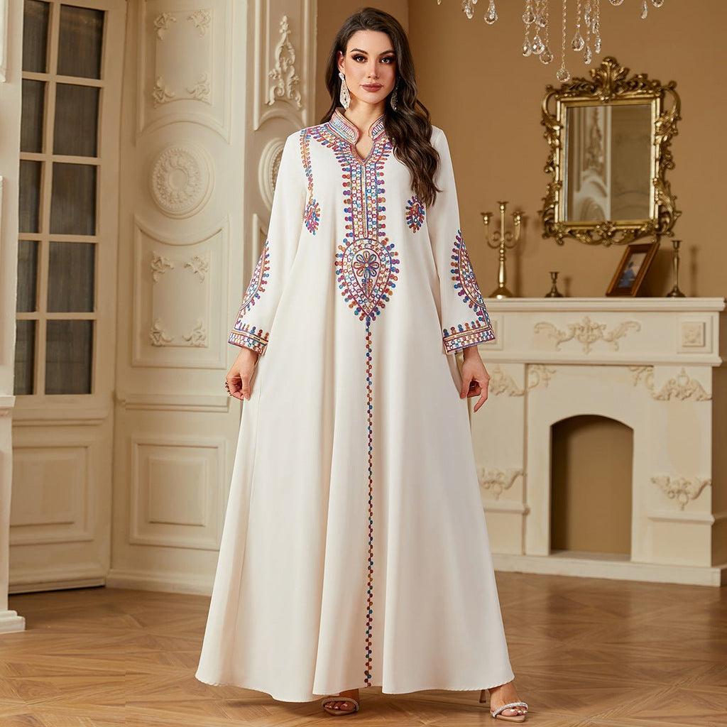 Modest Embroidered Long Sleeve Maxi Dress: Loose Fit Muslim Abaya Style - Sixin1