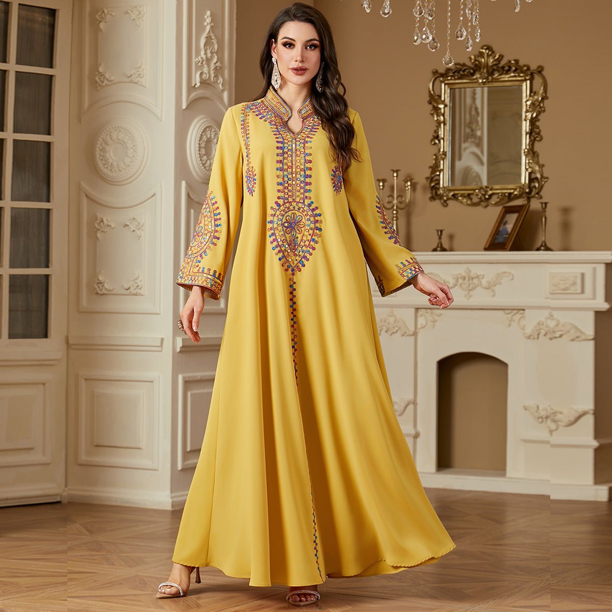 Modest Embroidered Long Sleeve Maxi Dress: Loose Fit Muslim Abaya Style - Sixin1
