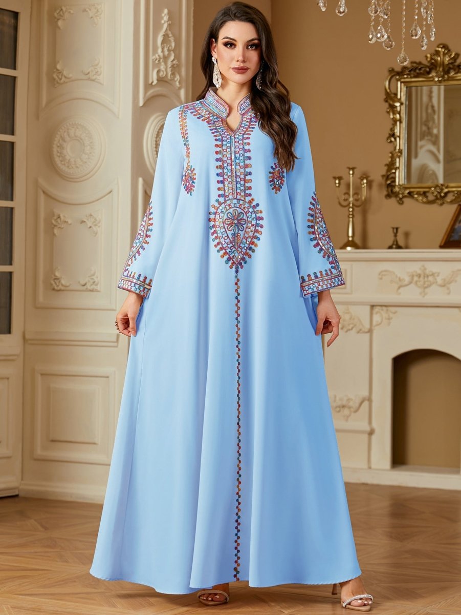 Modest Embroidered Long Sleeve Maxi Dress: Loose Fit Muslim Abaya Style - Sixin1
