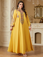 Modest Embroidered Long Sleeve Maxi Dress: Loose Fit Muslim Abaya Style - Sixin1