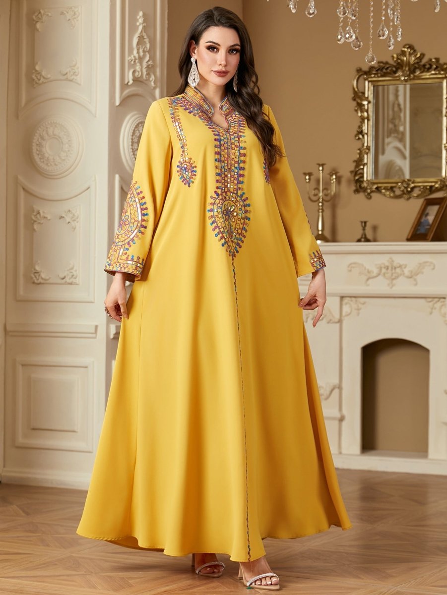 Modest Embroidered Long Sleeve Maxi Dress: Loose Fit Muslim Abaya Style - Sixin1