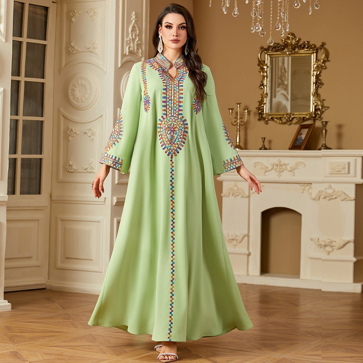 Modest Embroidered Long Sleeve Maxi Dress: Loose Fit Muslim Abaya Style - Sixin1