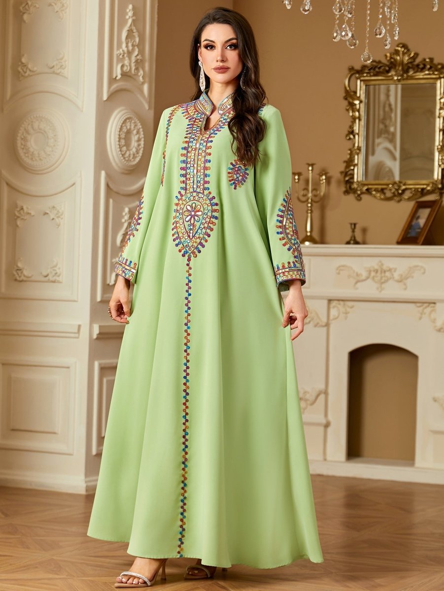 Modest Embroidered Long Sleeve Maxi Dress: Loose Fit Muslim Abaya Style - Sixin1