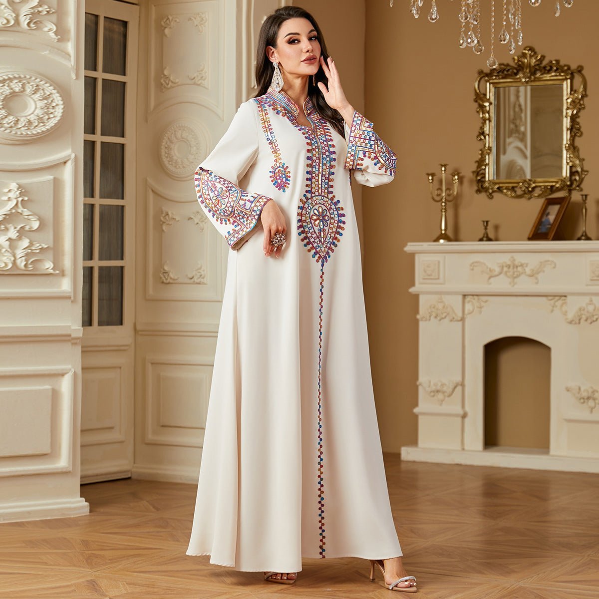 Modest Embroidered Long Sleeve Maxi Dress: Loose Fit Muslim Abaya Style - Sixin1
