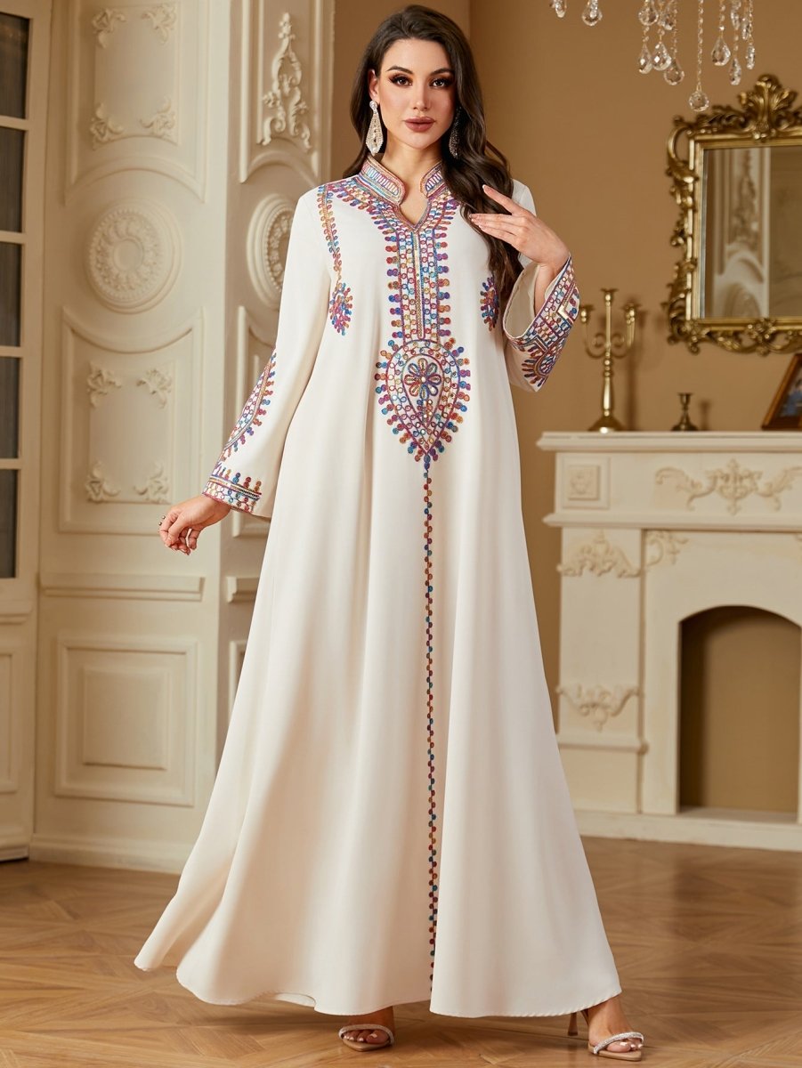 Modest Embroidered Long Sleeve Maxi Dress: Loose Fit Muslim Abaya Style - Sixin1
