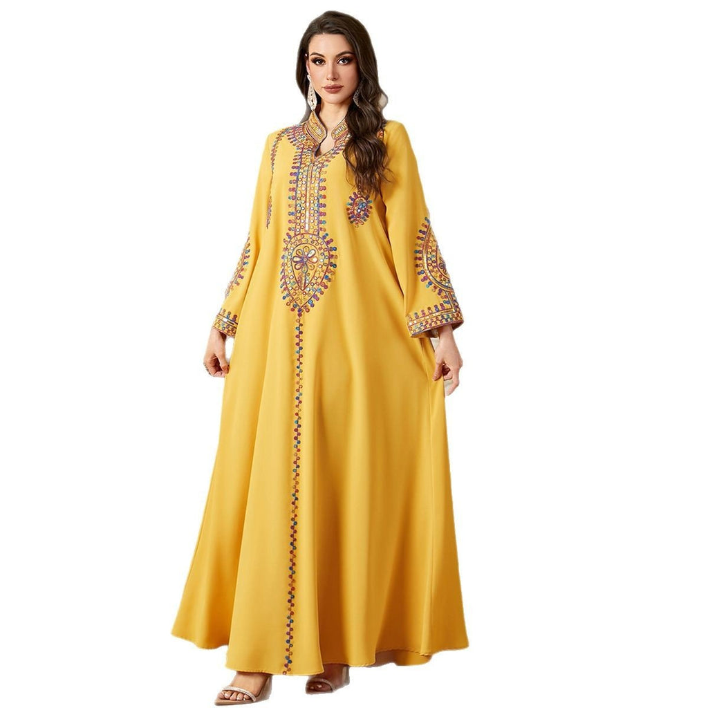 Modest Embroidered Long Sleeve Maxi Dress: Loose Fit Muslim Abaya Style - Sixin1